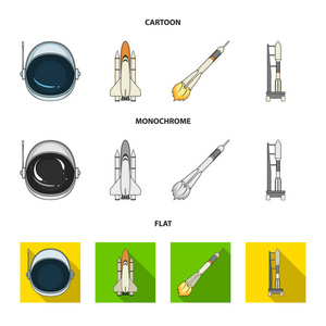 太空飞船, 航天飞机, 发射台, 宇航员头盔。空间技术集合图标在卡通, 平, 单色的矢量符号股票插画网站