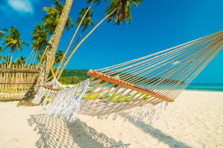 在美丽的热带海滩上的吊床与热带椰子棕榈树和海