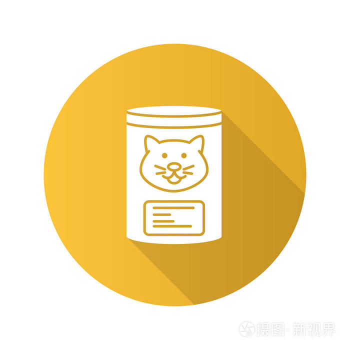 罐装猫粮平面设计长阴影字形图标.矢量剪影插图