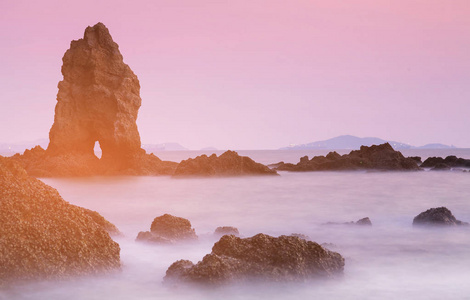 自然海滩岩石天际日落口气, 自然风景背景