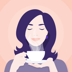 一个女人拿着一杯茶或咖啡。热饮料的乐趣。矢量插图