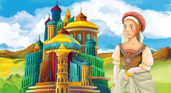 卡通场面与年轻和美丽的公主在城堡附近站立和看例证为孩子