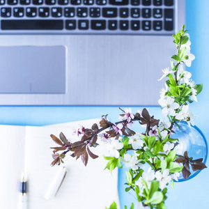 在创意桌面上有一束花枝, 上面有笔记本电脑和蓝色背景的笔记本。
