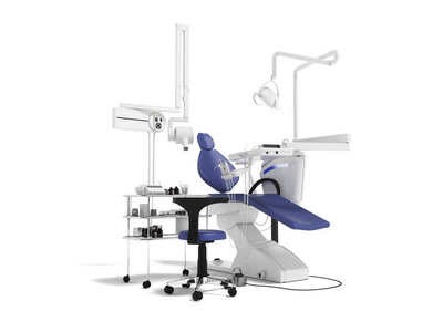 现代牙科设备牙科治疗用床头桌与凳子3d 渲染在白色背景与阴影