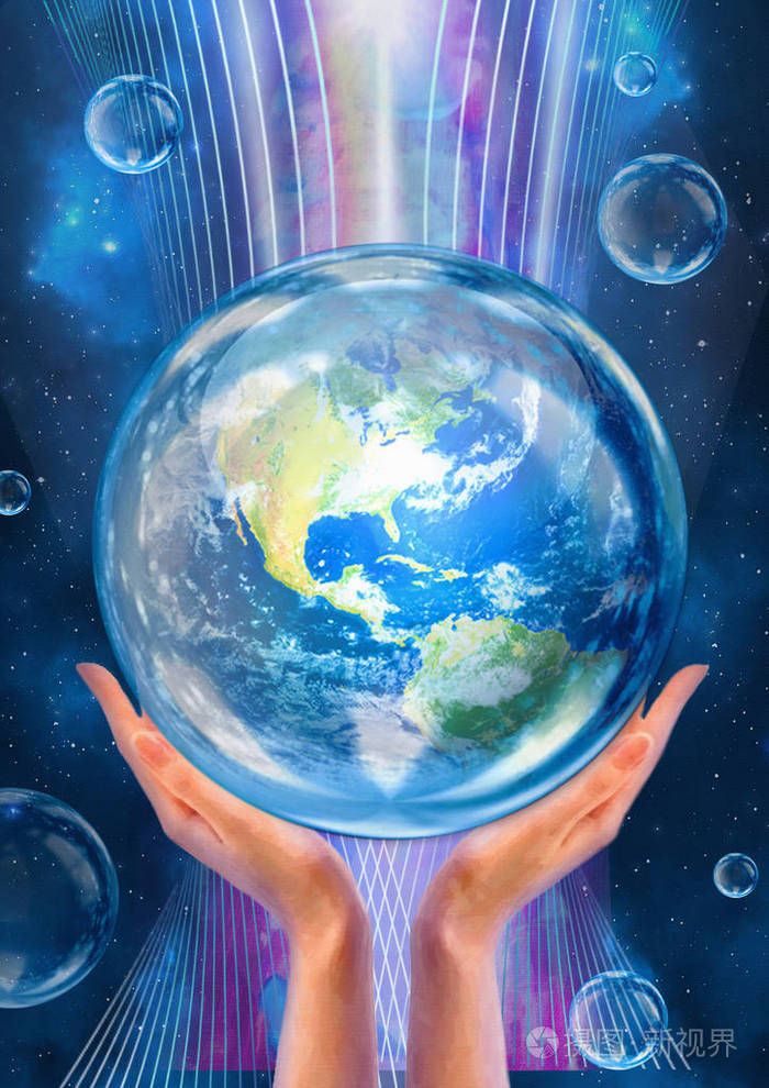 双手支持地球在生命赐予能量的流动.概念图稿.拯救地球的概念.