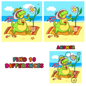 找到十差异教育游戏的儿童。矢量多彩学习活动与鳄鱼在海滩