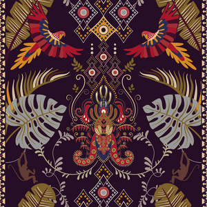 五颜六色的例证与鸟和热带植物。无缝垂直模式。民族装饰背景