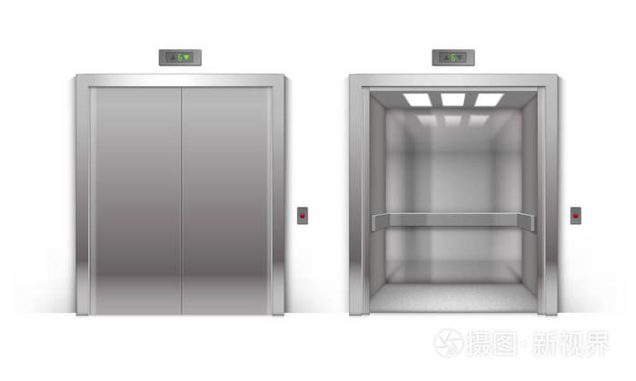 背景上孤立的矢量现实开启和关闭铬金属办公大楼电梯门