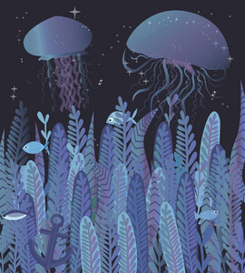 海底 水母 水生 鱼 动物 海藻 绘图 锚点
