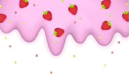 融化冰淇淋洒草莓和棒糖3d 浅粉红色柔和的边界, 白色背景冰淇淋与切片浆果甜美味的媒介
