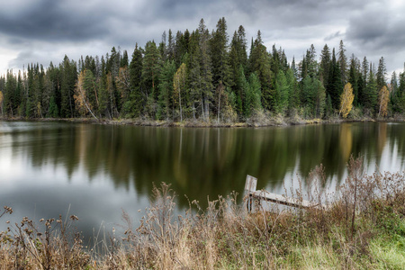 湖在森林里。秋季景观