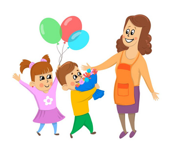 孩子, 男孩和女孩给他们的母亲花和气球。生日, 妇女日或母亲日。矢量插图, 在白色背景下隔离