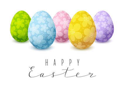 复活节贺卡与彩色花卉装饰鸡蛋
