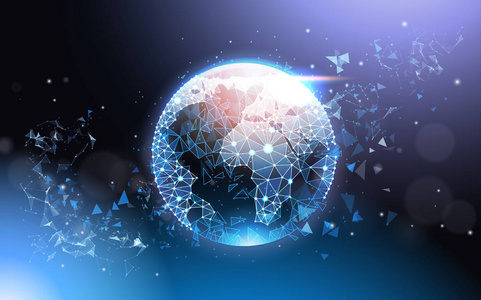 地球未来低聚网格线蓝背景全球网络概念