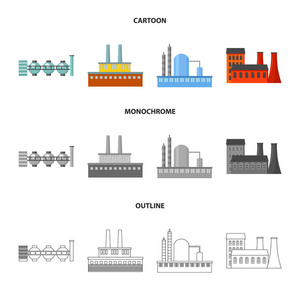工业生产。工厂集合图标在卡通, 轮廓, 单色风格矢量符号股票插画网站