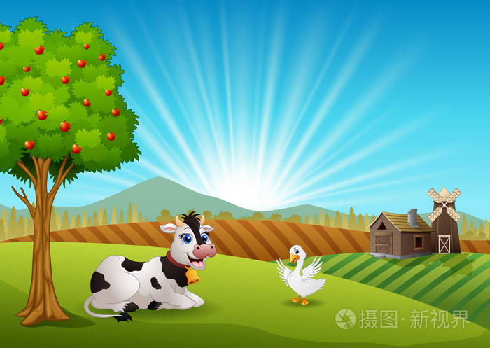 奶牛和鹅在早上农场的矢量说明