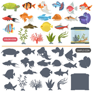 水族馆和动物区系颜色平坦, 简单的图标设置