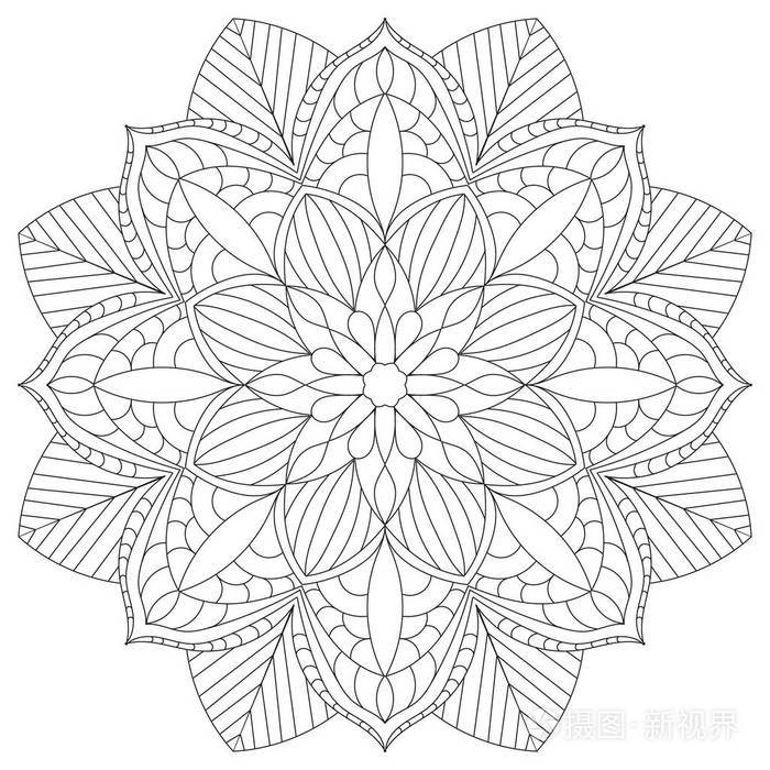 成人花圆形曼荼罗.着色书页设计.一个