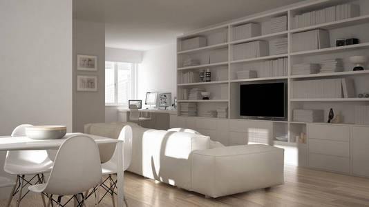 现代客厅与工作场所角落, 大书架和餐桌, 极小的白色建筑学室内设计