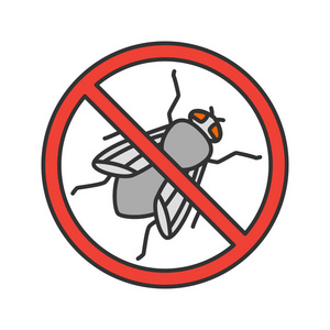 停止家蝇标志颜色图标。飞行昆虫驱蚊剂。虫害控制。孤立向量插图