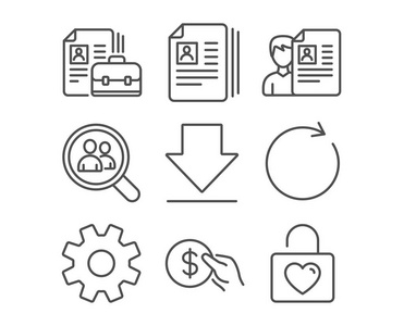 服务集同步和付款图标。简历文件, 下载和空缺标志。搜索员工工作面试和婚礼更衣室符号
