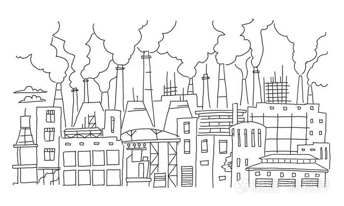插画 建筑 工业污染大城市全景草图.手绘矢量股票线插图.建筑景观.eps