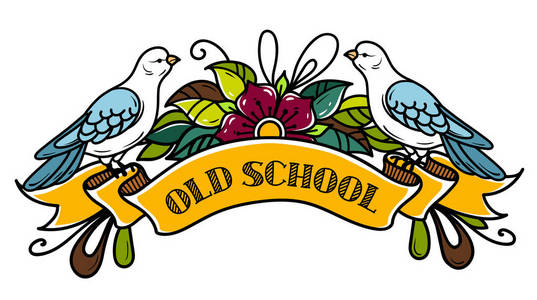 两只鸽子坐在复古丝带上。刻字老学校。丝带装饰花和叶子。旧学校风格的纹身