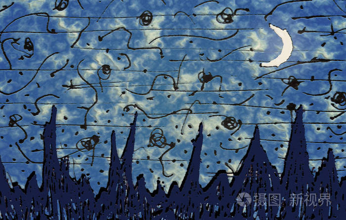 冷色调素描画幻想景观插画场景