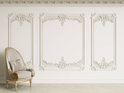 经典的巴洛克风格的扶手椅。墙壁与装饰的檐口。大理石地板。数字插图. 3 d 渲染