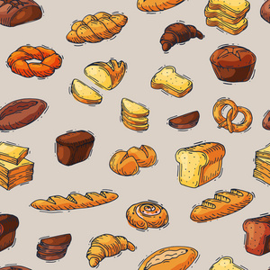 面包和面包矢量烘烤 breadstuff 餐面包或面包烘焙 bakehouse 蛋糕集插图无缝模式背景