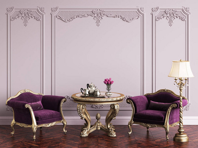 经典的家具在经典的内部与复制空间。粉红色的墙壁与装饰和 ornated 檐口。数字插图. 3 d 渲染