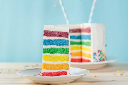 生日背景带白霜的条纹彩虹蛋糕
