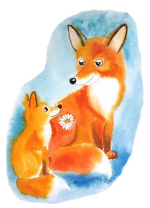 可爱可笑的狐狸毛茸茸的尾巴, 水彩画母亲狐狸坐微笑小狐狸与雏菊 flowern