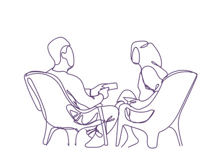 涂鸦夫妇坐在扶手椅说手画男人和女人剪影约会通信白色背景