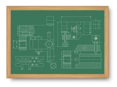 机械工程制图。工程图纸背景。板上粉笔的机构绘制。矢量插图