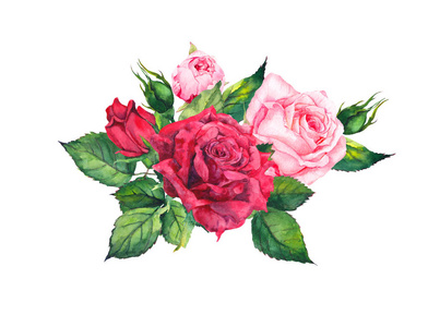 红色, 粉红色的玫瑰花组成。婚纱卡水彩