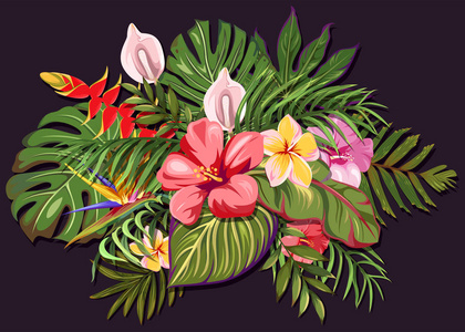 一束五颜六色的热带树叶和花朵。外来植物的花卉组成
