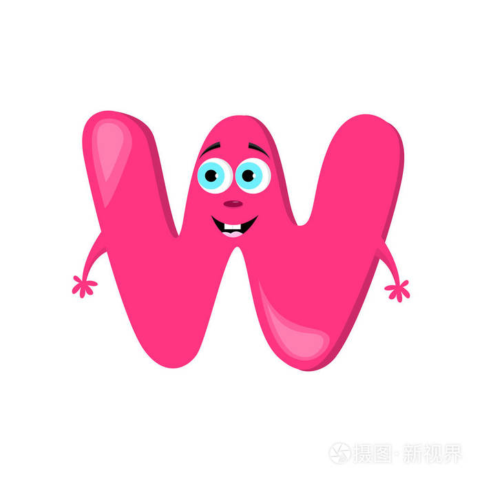 卡通字母 w 四与脸, 眼睛, 手, 眉毛和嘴巴字符的白色
