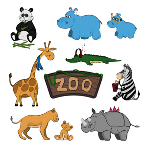 动物园的动物。一套卡通风格的可爱图像。孤立的可爱字符