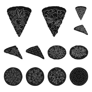 不同的比萨饼黑色图标集合中的设计。比萨食物矢量符号股票网页插图