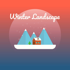平的向量冬天风景与山和下落的雪在红色背景。矢量插图