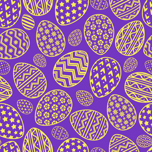 复活节彩蛋图案黄线以不同的图案在紫色背景下进行推广