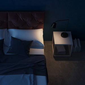 室内设计的卧室与蓝色的墙壁。晚上照明。晚上.3d 渲染