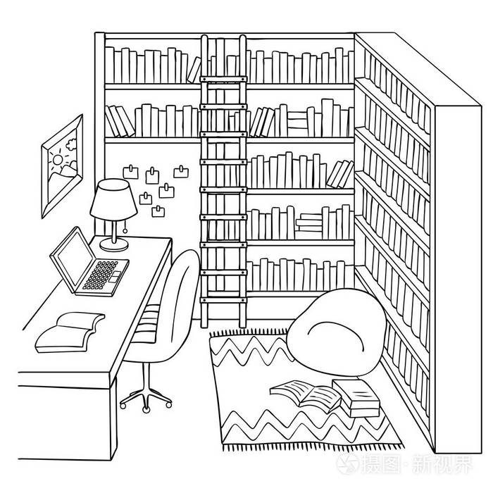 手绘学习或图书馆室为设计元素和着色书页.矢量插图