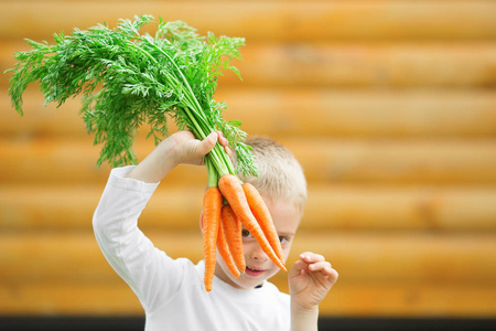 带着胡萝卜的滑稽微笑的孩子。为孩子们提供健康的有机蔬菜。园艺, 收获, 家庭, 孩子的生活方式概念