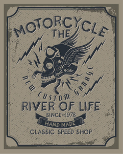 摩托车生命之河。老式海报。t恤衫彩色印花的矢量图解