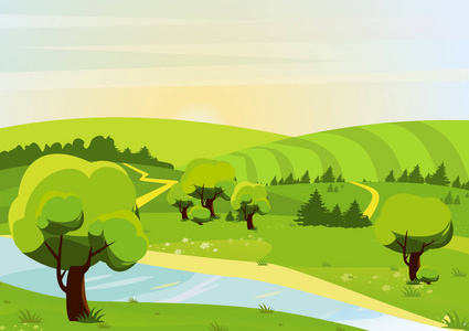 卡通平面风格的矢量插图的景观与森林, 丘陵, 田野, 河流和小径。春季或夏季视图