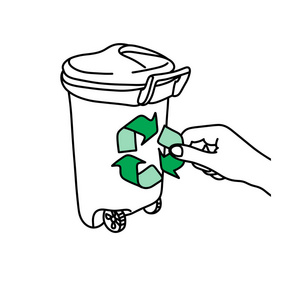 封闭手持有绿色回收标志在垃圾桶矢量插图素描手画的黑色线条, 在白色背景隔离。回收概念