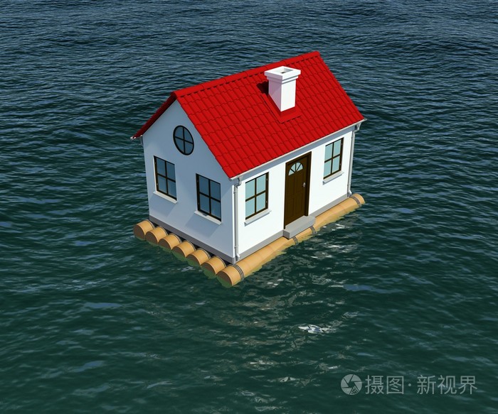 在水上漂浮在木筏上的房子