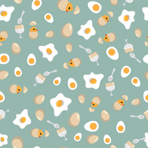 煎蛋, 软煮鸡蛋和鸡孵化在蛋壳模式的背景。无缝型早餐煎蛋